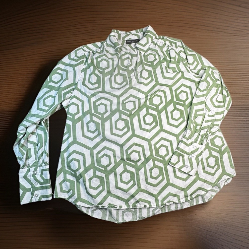Lane Bryant Women's‎ 14/16 Green Geometric Print Cotton Blouse Long Sleeve Top